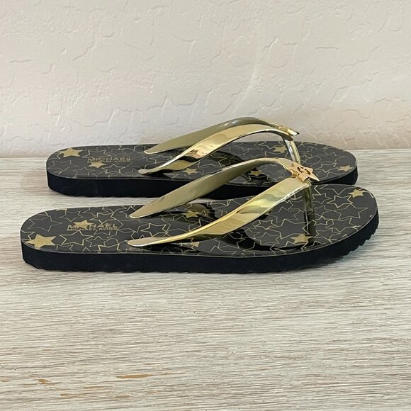 Michael Kors Sandals MK Flip Flops 6 Thong Gloss Black Metallic Gold Stars - Picture 6 of 12